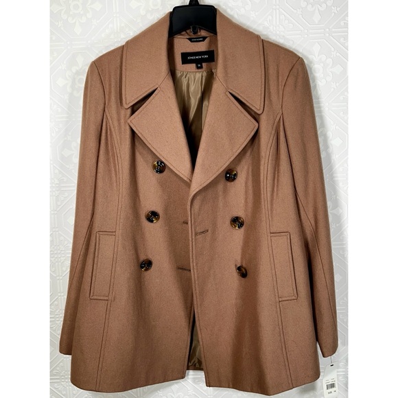 NWT Jones New York Camel Double-Breasted Pea Coat - Picture 1 of 11